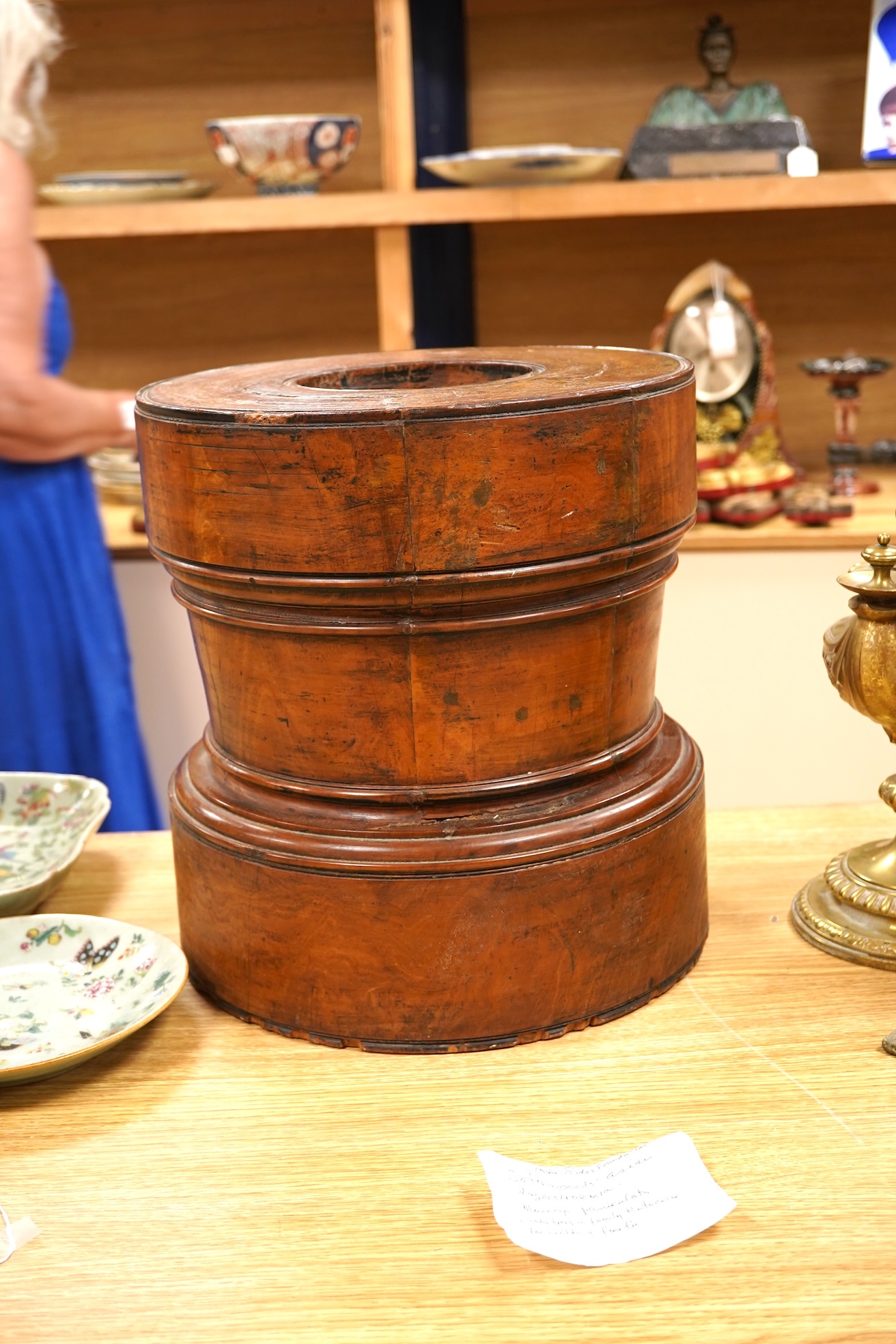 A large Indian solid turned satinwood mortar, Kerala, 19th century, 34cm